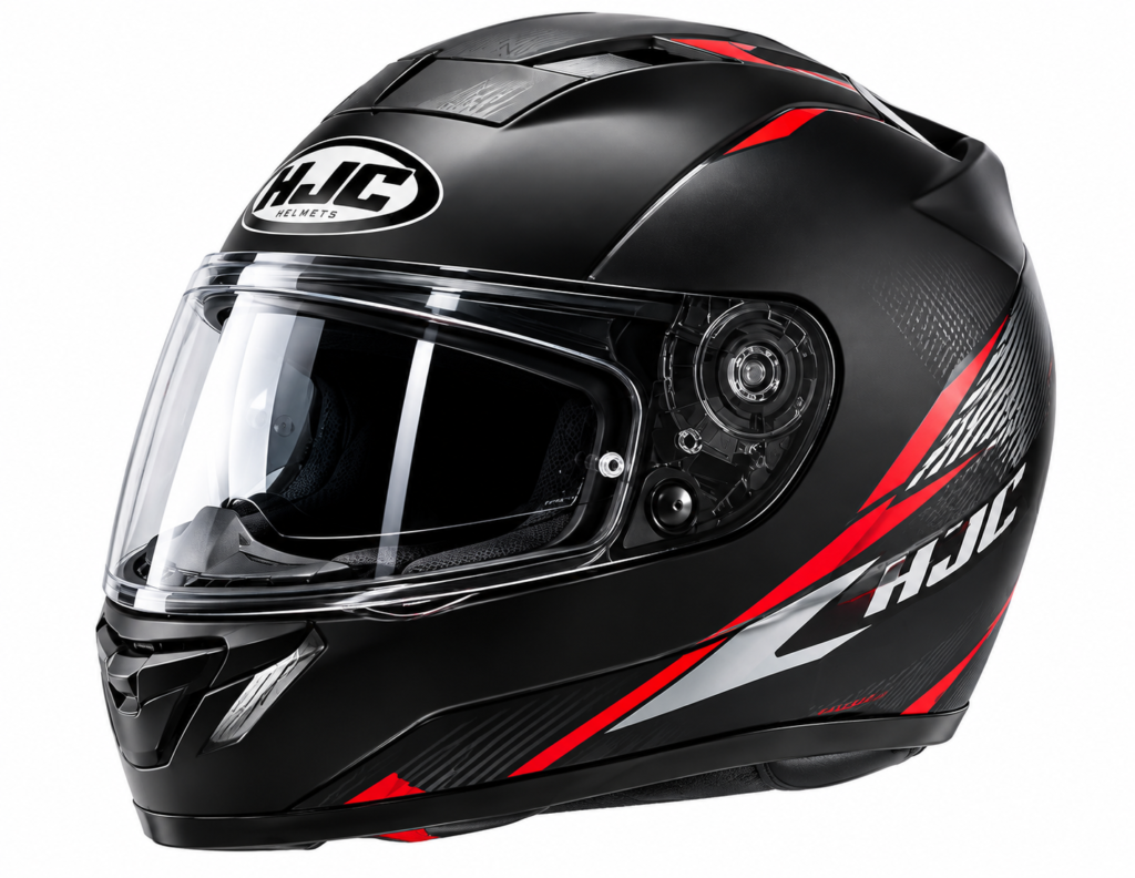 casco hjc negro con detalles rojos y plateados