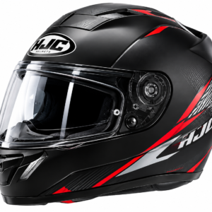 casco hjc negro con detalles rojos y plateados